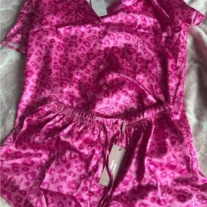 Pink Leopard Print Satin Pajama Set